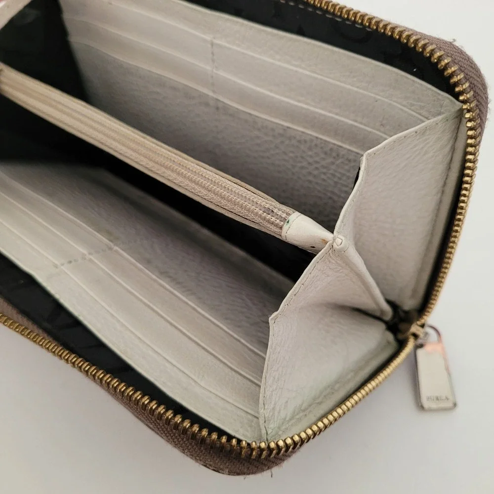 Furla Zip Around Leather Wallet Taupe Black Colorblock Silver Logo Hardware
